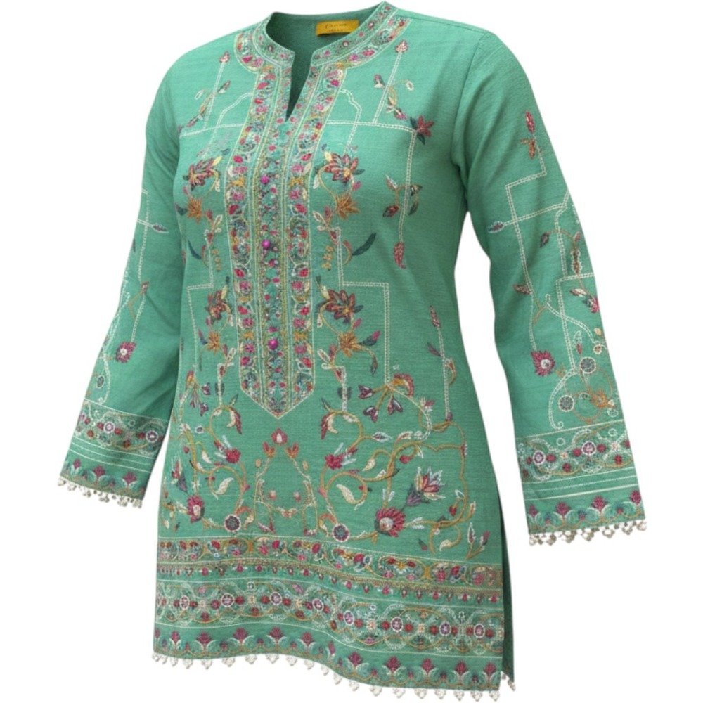 Sana Safinaz Embroidered Kurti Tunic Teal Green Floral Tassels XS NEW